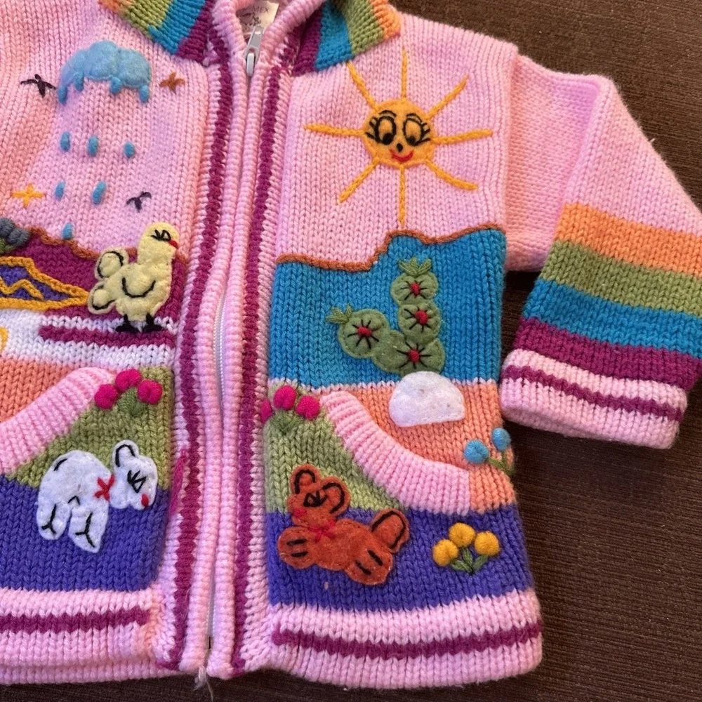 Handmade Peruvian Knit Zip Hoodie Kids 2T Multicolor Animal Landscape Sweater